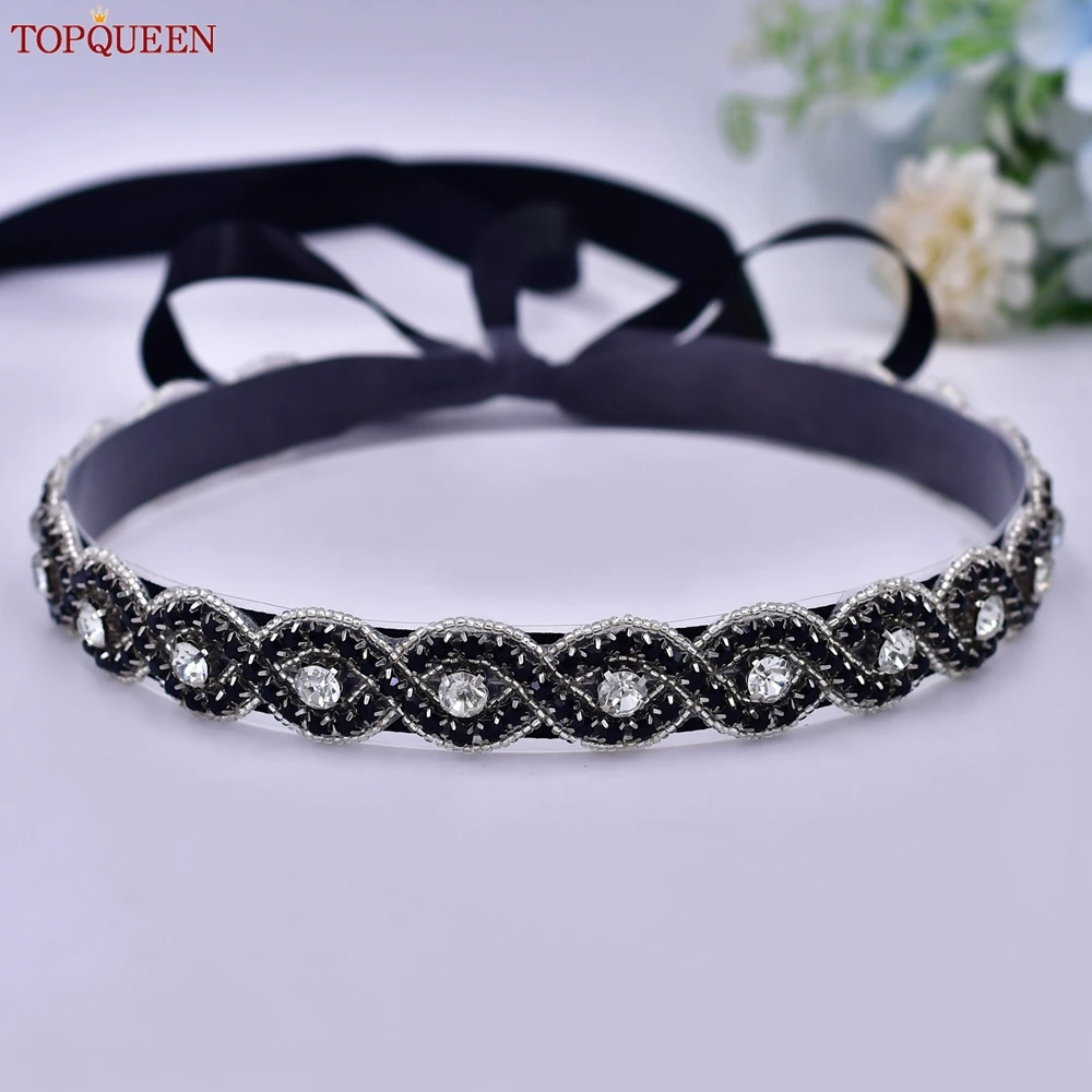 TOPQUEEN Black Rhinestone Belt New Bridal Thin Belt Prom Black Dress Waist Decoration Wedding Dress Accessories S28-BK