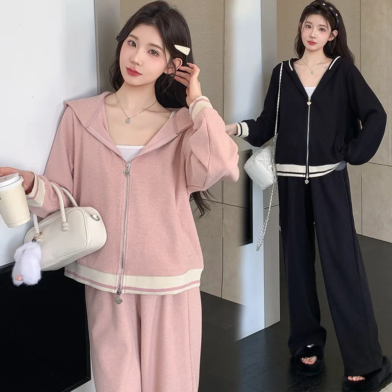 봄 컬렉션 루즈핏 한국 스타일 임산부 세트 후드 가디건 와이드 레그 팬츠 투피스 코튼 앙상블