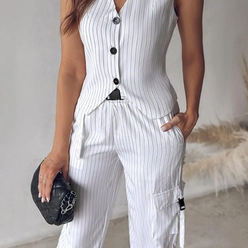 2 Pcs Women Vest Pants Set V Neck Waistcoat Striped Printed Drawstring Hem Ninth Trousers Formal Commute Office Top Pants Set