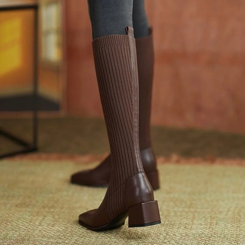 Women Winter Knee High Knitting Warm High Boot Heels Weave Casual Designer Chunky Motorcycle Sock Boots