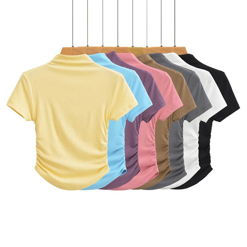 

Футболка женская с коротким рукавом, пикантный Повседневный облегающий топ с высоким воротником, черный кроп-топ с боковыми оборками, уличная одежда, y2k, лето