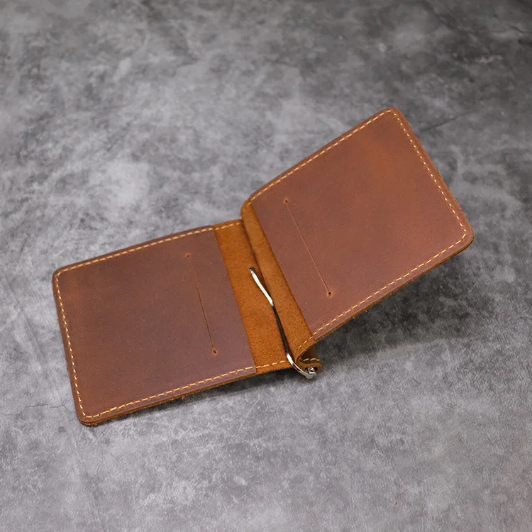 Handmade Genuine Leather Money Clip Wallet for Men Male Crazy Horse Cowhide Short Bifold Slim Money Clip 4