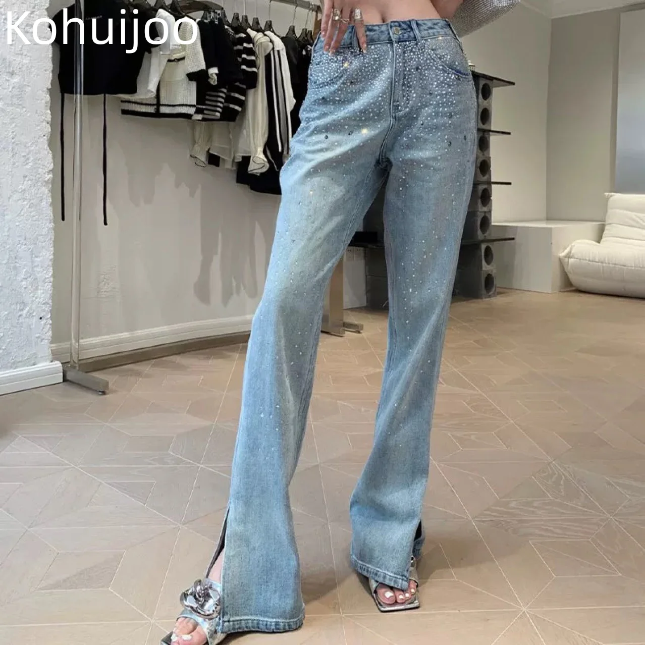 

2023 Spring Rhinestone Jeans Woman Luxury Split Flared Jeans for Women Loose Flare Denim Pants Fashion Straight Trousers