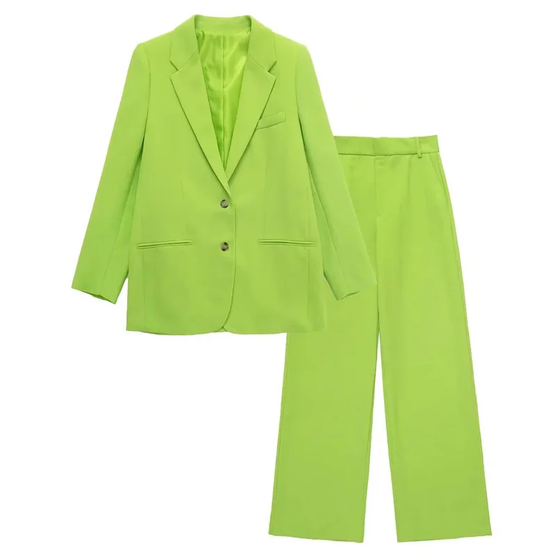 green pant suit TRAF  Women Blazers Set 2022 New Women's Office Suit Coat Vintage Long Sleeve Jacket Casual Female Tops And High Waist Pants plus size pant suits for weddings Suits & Blazers