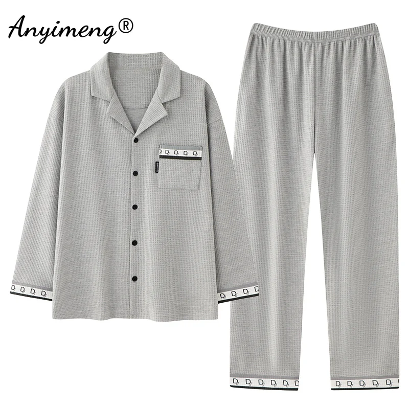 طقم بيجامة رجالي أنيق باللون الرمادي 100% قطن مع تفاصيل حروف وأكمام طويلة ملابس منزلية عصرية ملابس نوم