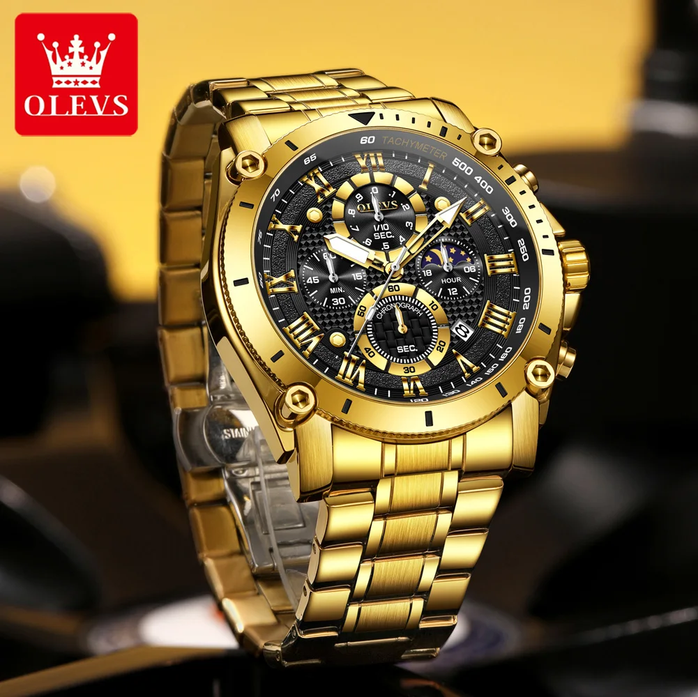 OLEVS 3689 Men's Watch Roman Scale Luxury Quartz Watch For Men Big Dial Moon Phase Date Waterproof Luminous Male Wristwatch