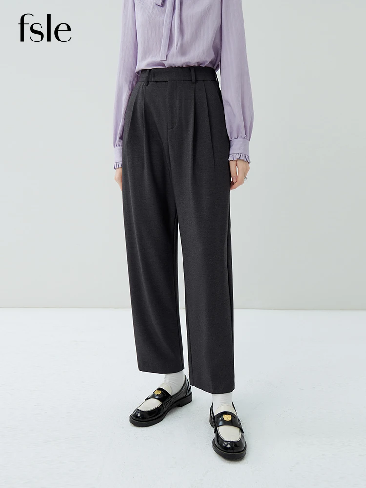 

FSLE High Waist Waist Pleated Design Women Commuter Solid Suit Trousers Straight Twill Cropped Pants Autumn Office Lady Trouser