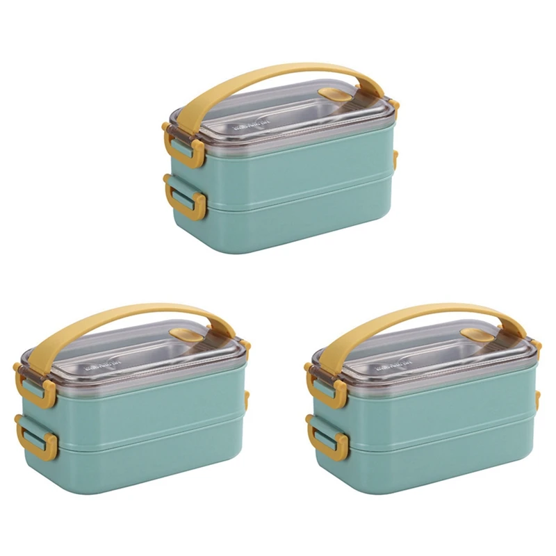 

3X Portable Lunch Box For Kids School Microwave Bento Box With Movable Compartments Salad Fruit Food Container Box Green-ABUX