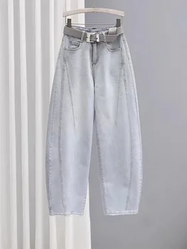 Plones vaqueros de mezclilla de pierna ancha para mujer, de cintura alta, elásticos, estilo banana, largos, con efecto ad... 1
