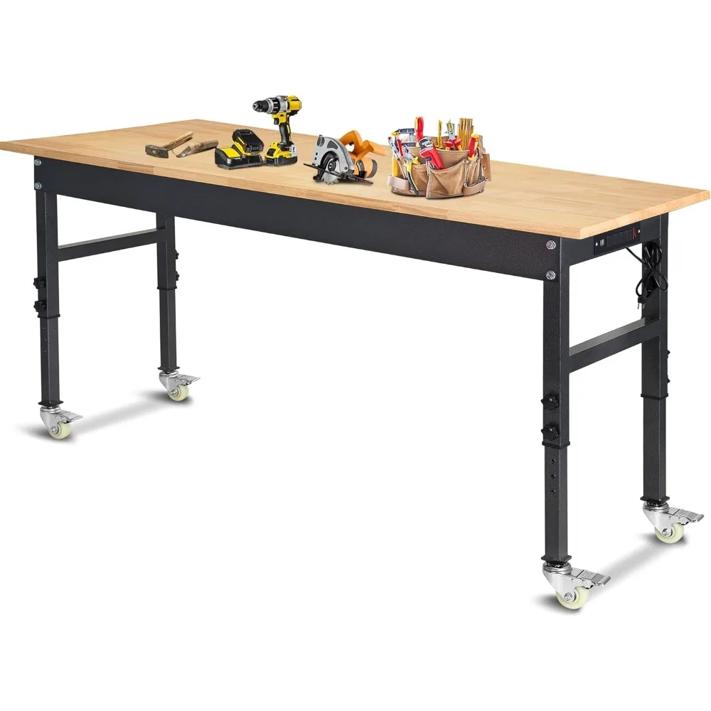 60" Adjustable Work Bench, Rubber Wood Top Workbench Heavy-Duty Work Table with Power Outlet with Wheels, 2000 LBS Load Capacity 2