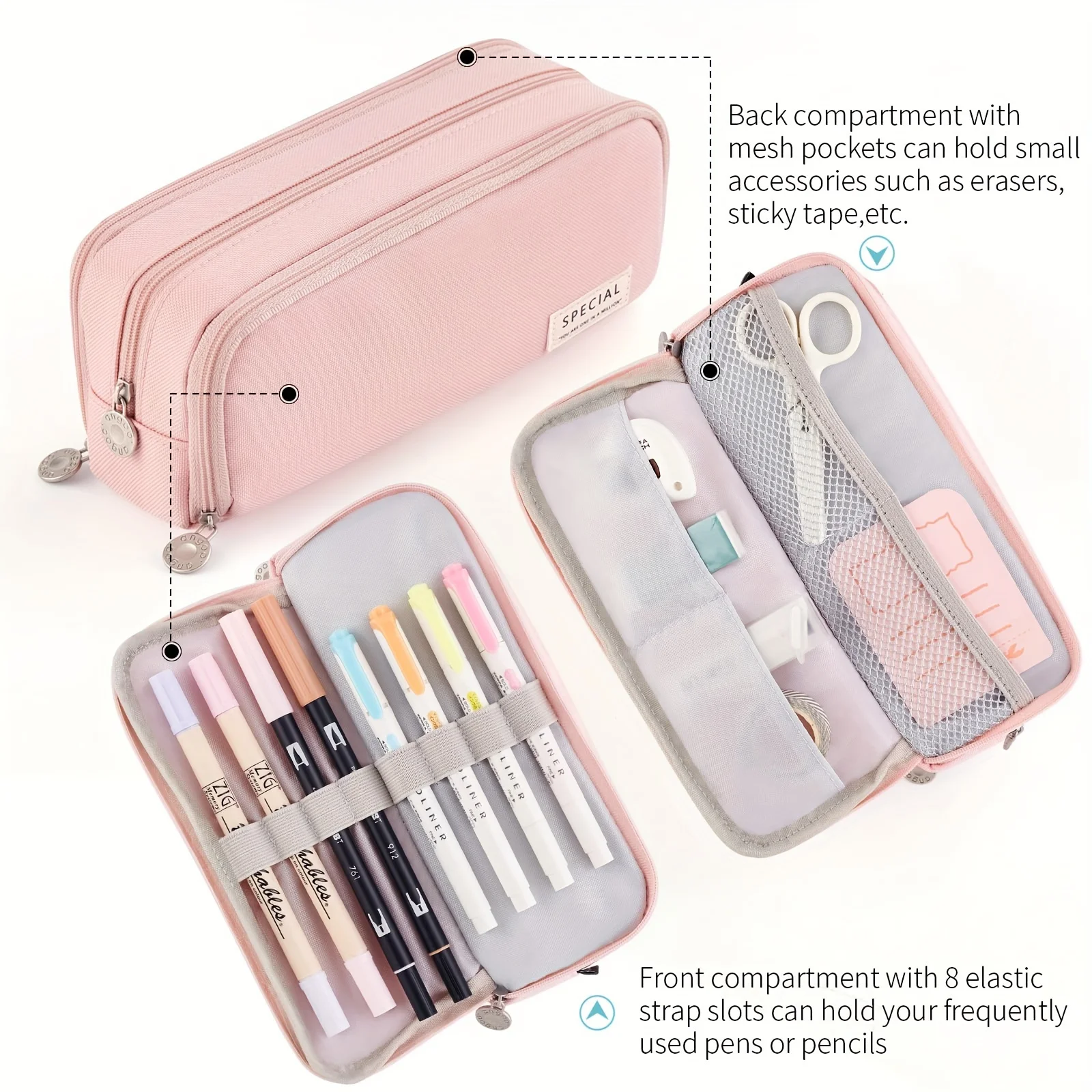 Chic Pink Multi-Layer Pencil Case - Durable & Spacious
