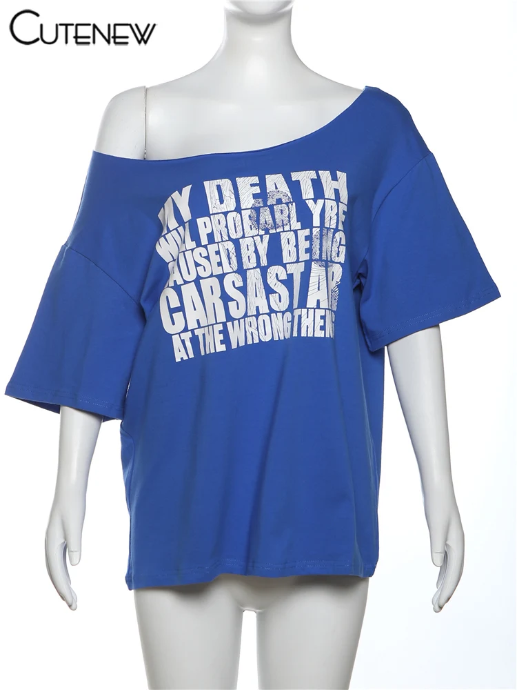 Casual Letter Print Women T-shirts Summer Concise Incline Shoulder Short Sleeve Oversized Tees Female Wild Street Tops