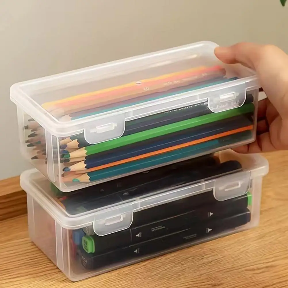 Stackable Pencil Storage Box Transparent Stationery Storage Box Pen Holder Simple Clear Student Desktop Snap-on Lid Pen Case pen holder,desktop storage box,stationery organizer,stationery storage box,pen pencil case