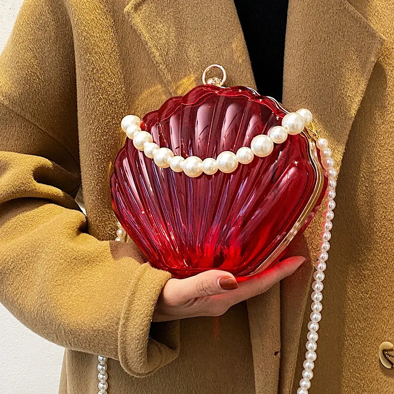 Women's Handbag Fashion Transparent Candy Color Seashell Box Evening Bag Clutches with Pearl Chain