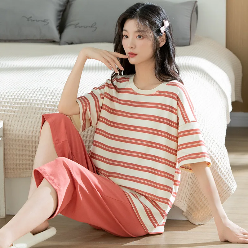 Spring Summer Women's Thin Pure Cotton Pajamas Round Neck Short Sleeve Pullover Capris Loose Home Clothing Set Sweet Sleepwear