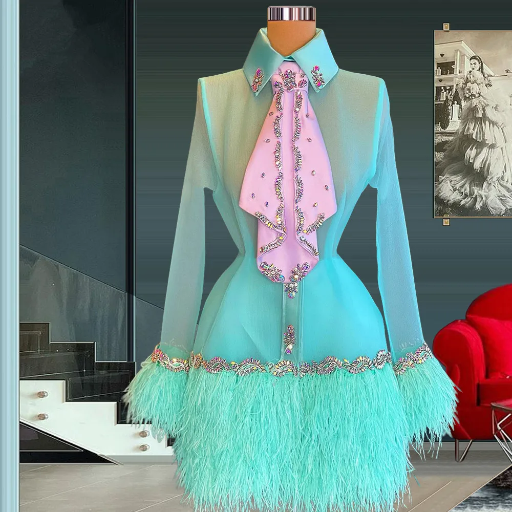 Turquoise Cocktail Dresses Sheath Long Sleeves Short Mini Tulle Beaded Feather Homecoming Dresses Haute Couture Customized