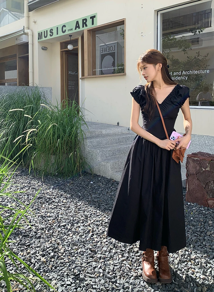 Casual Solid Midi Dresses for Women Korean Chic V-neck Backless High Waist Puff Sleeve A-line Party Dress Summer Vestidos Mujer