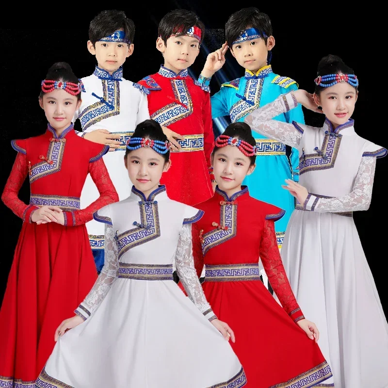 

Children Mongolian Dance Dress Chinese Traditional Folk Practice Skirt Girl National Style Tibetan Ancient Ethnic DanceWear