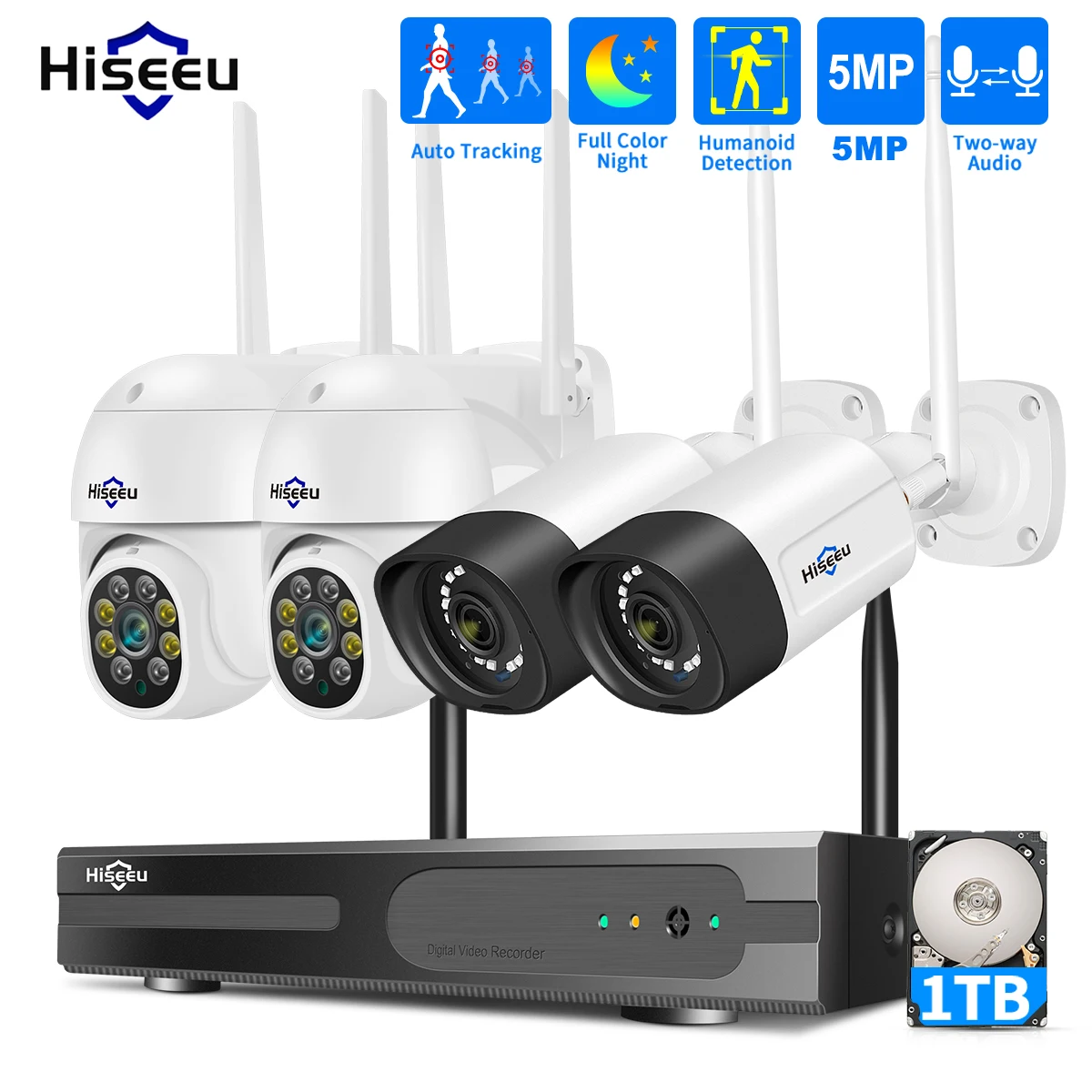 Hiseeu 5MP Wireless WiFi Camera System Outdoor Motion Tracking Audio Video Recorder CCTV Cameras 10CH NVR Video Surveillance Kit
