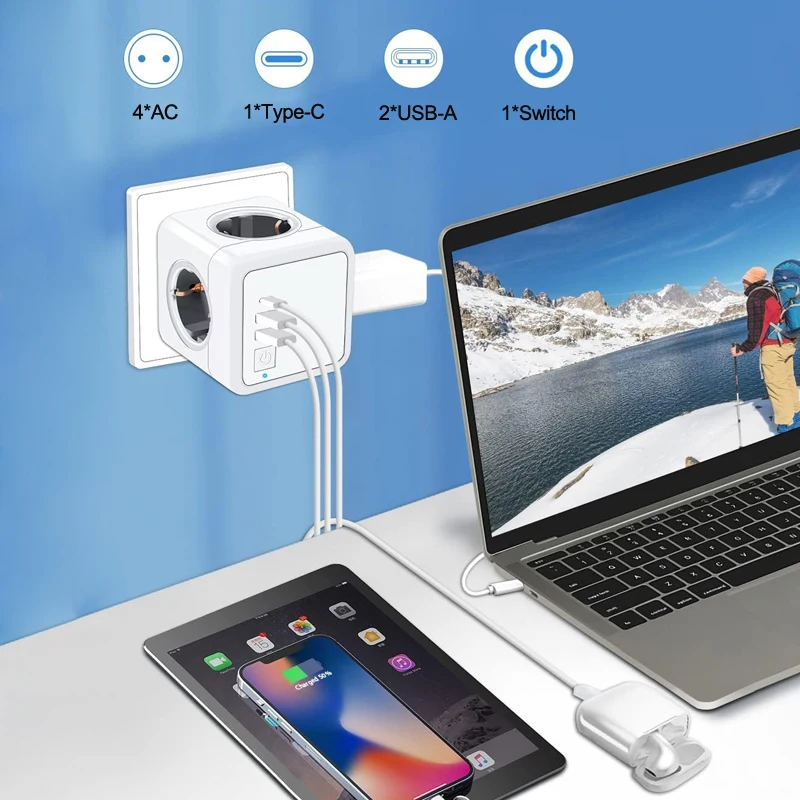 Multiprise Usb C Plug Socket Power Strip electrical socket power strip power socket wall socket extender Switch Extension 4 Outlets Euro Powercube Network Filter Overload Protection for Home