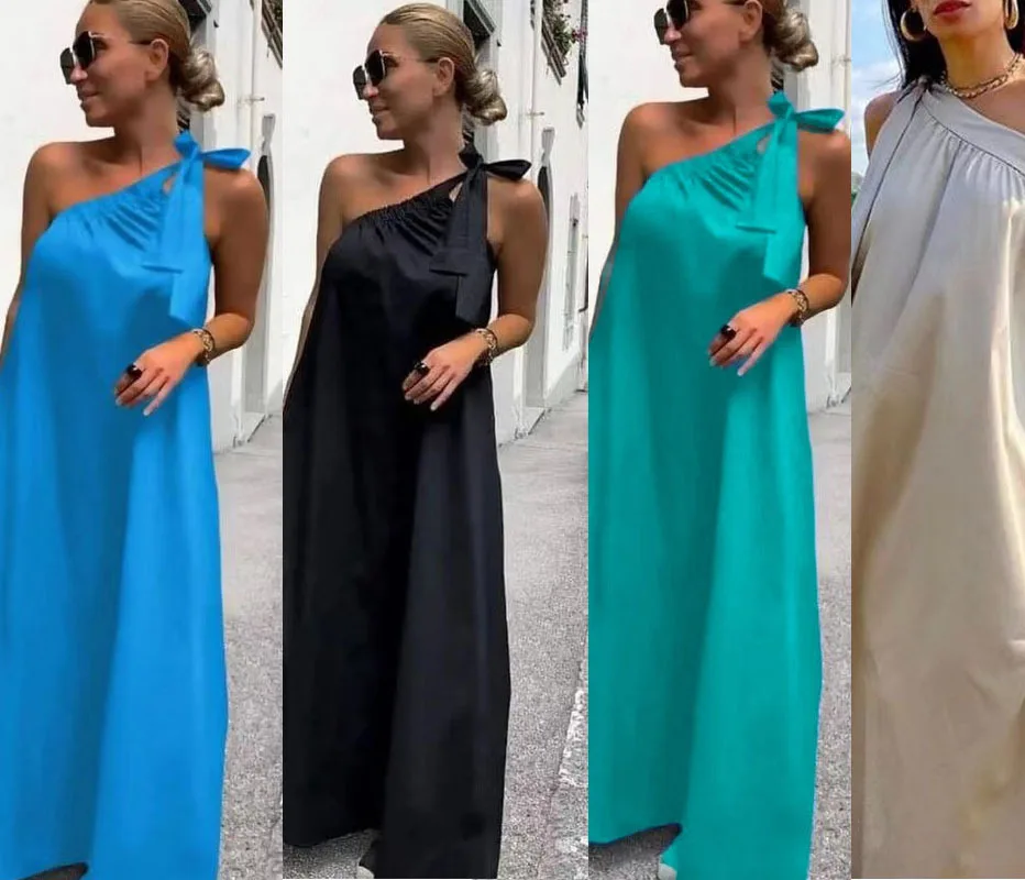 

Solid Dresses For Women Summer One Shoulder Diagonal Collar Dresses Elegant Casual Party Vacation Lady Robe