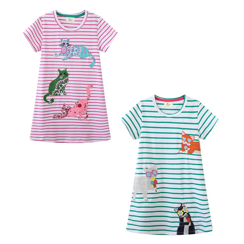 Jumping Meters 2-7T Summer Girls Dresses Striped Cats Applique Children's Clothes Short Sleeve Kids Frocks