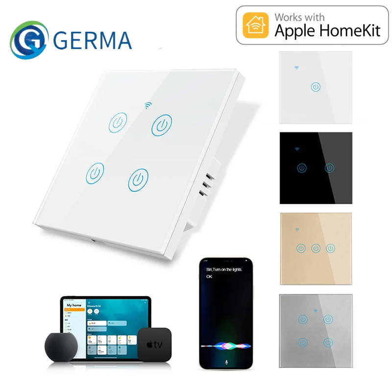 Germa Apple Homekit Wifi Standard Ue Smart Switch Neutro Necessario Smart Home Interruttori Della Luce 1/2/3 Gang 1 Way Siri Controllo Vocale