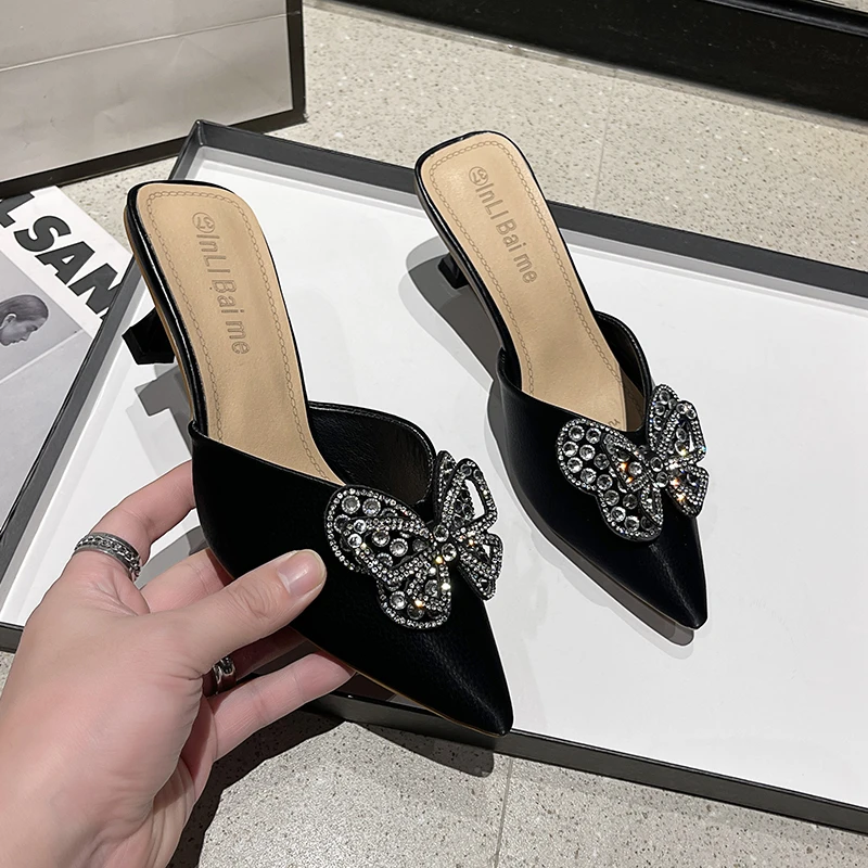 Summer Women Fashion Shoe Sexy High Heel Ankle Slingbacks Buckle Strap Pointed Toe Butterfly-Knot Decoration Pumps Women Sandals