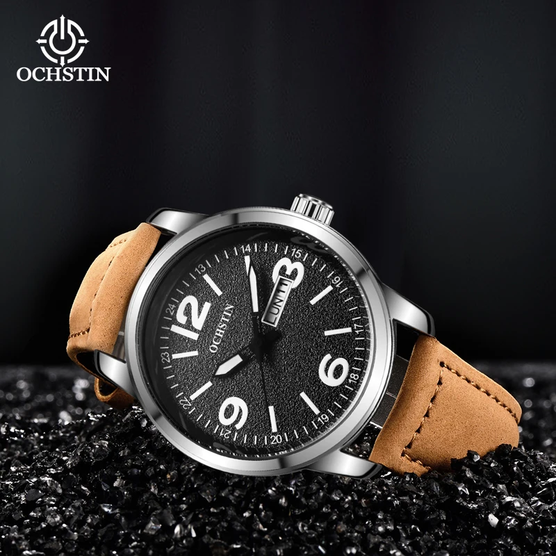 OCHSTIN Commander Series Quartz Watch Multi-functional HD Luminous Leather Strap Multicolor Cacual Quartz Clock
