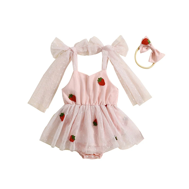 

Newborn Baby Girl Outfits Strawberry Embroidery Romper Tutu Tulle Dress Sleeveless Straps Bodysuit Summer Clothes