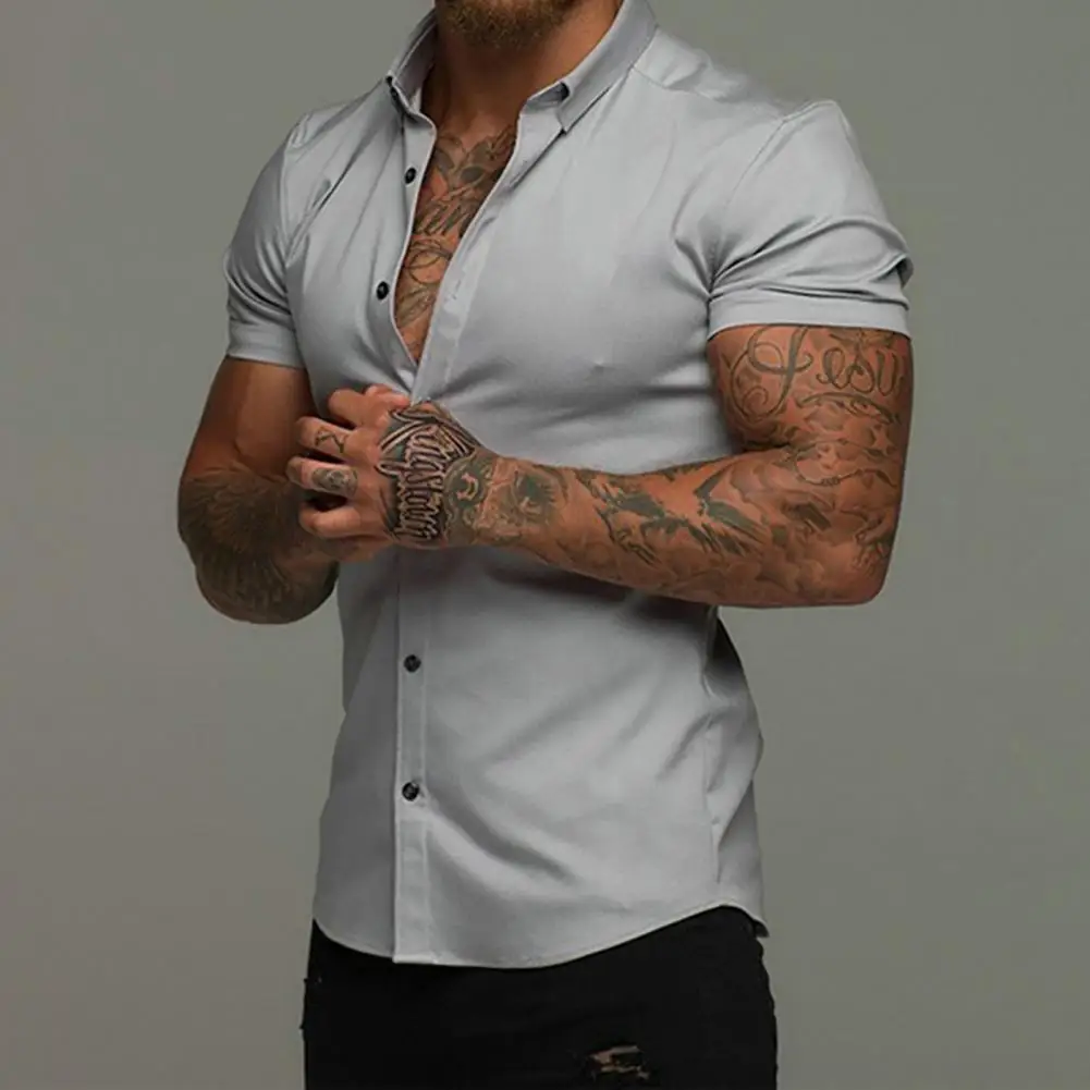 Summer Fashion Short Sleeve Shirt Men Solid Super Slim Fit Male Social Business Dress Shirt Brand Men Gym Fitness Sport Clothing