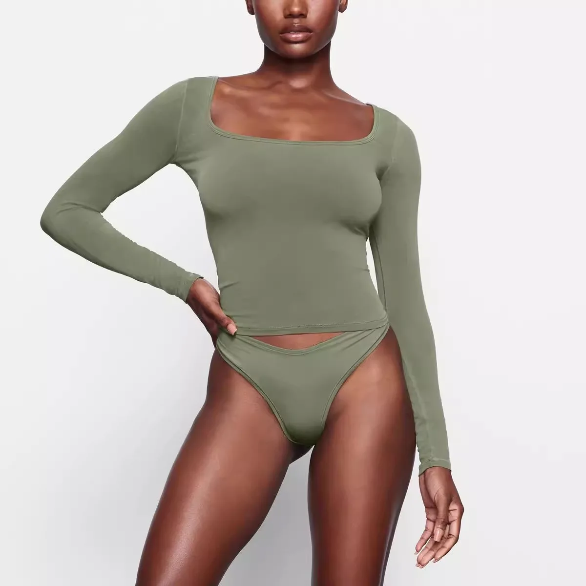 Kardaian Sle Long Sve Modal Elastic Slim Fit T-irt U-Ne Square Ne Base irt Top for Women Autumn Season