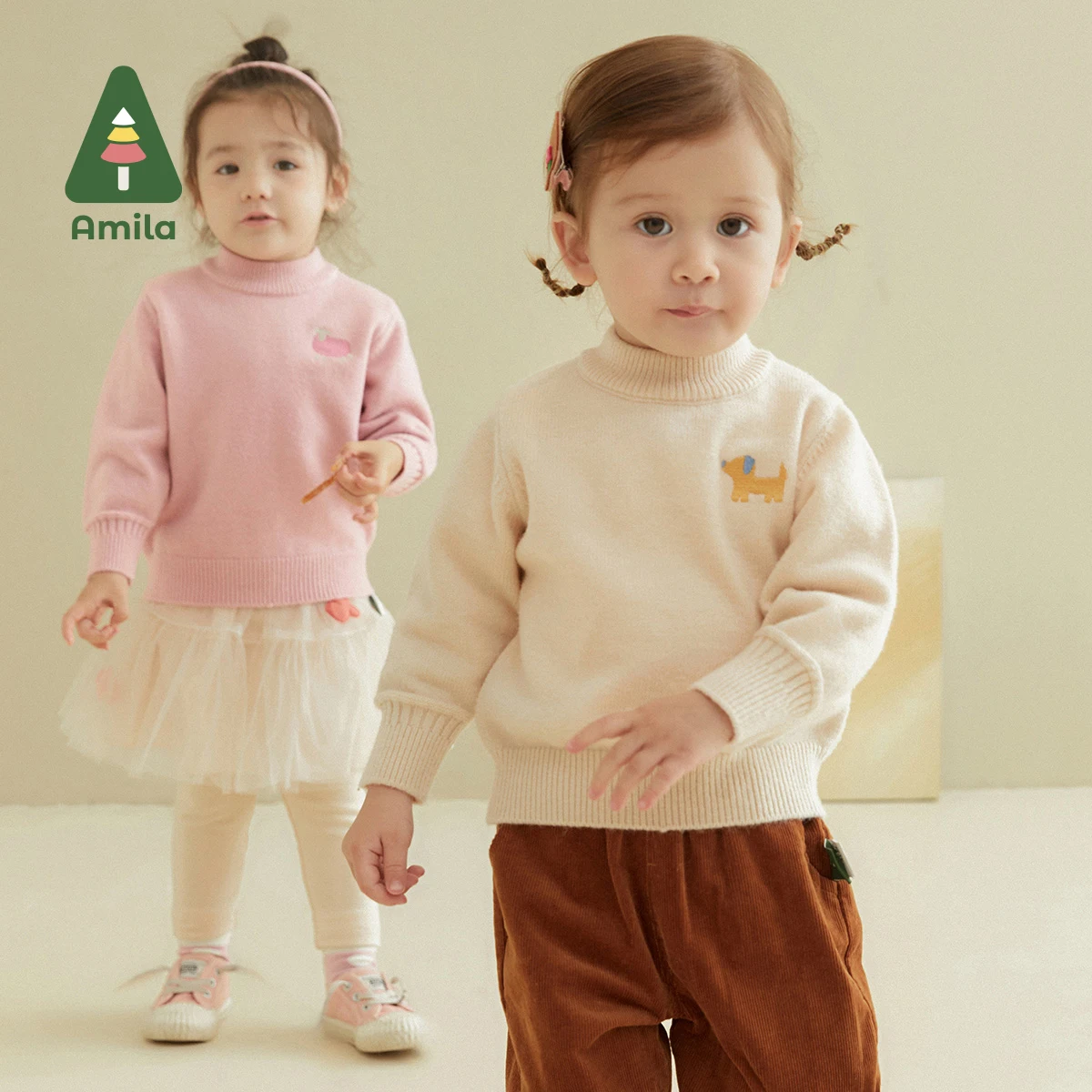 Amila Baby Sweater Spring New Solid Color Turtleneck Plain Boys and Girls All-match Cartoon Embroidery Children's Clothes