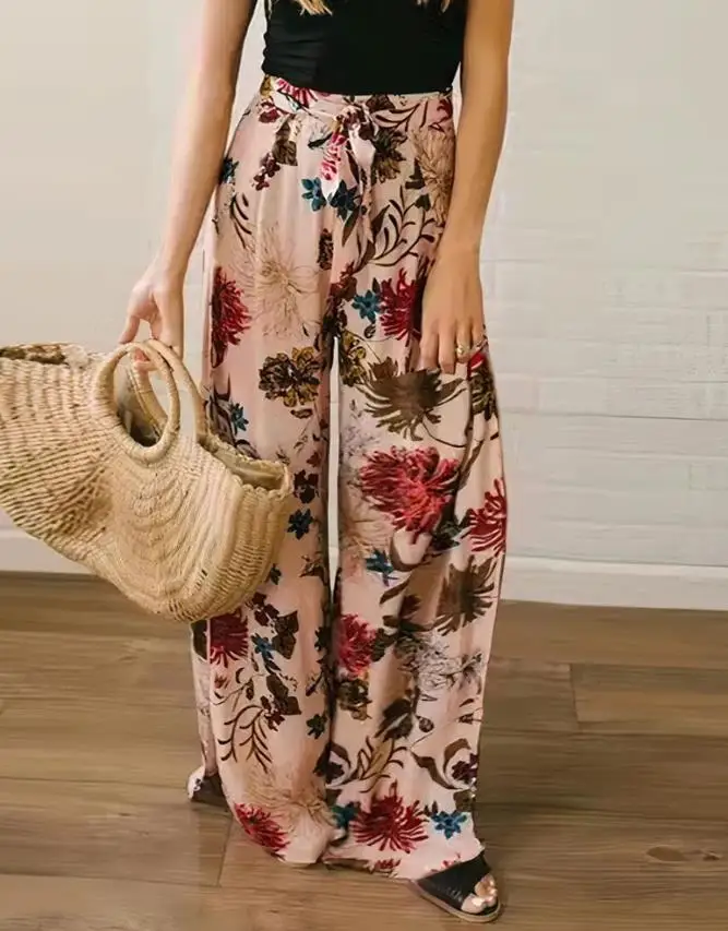 Women's Pants 2022 Summer Fashion Tropical Print Tied Detail Loose Casual Wide Leg Pocket Design Long Vacation Pants