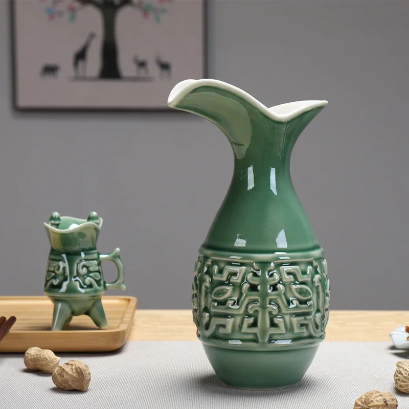 Chinese style ceramic wine set imitate ancient pot cup retro liquor separator flagon drinking winware gift box