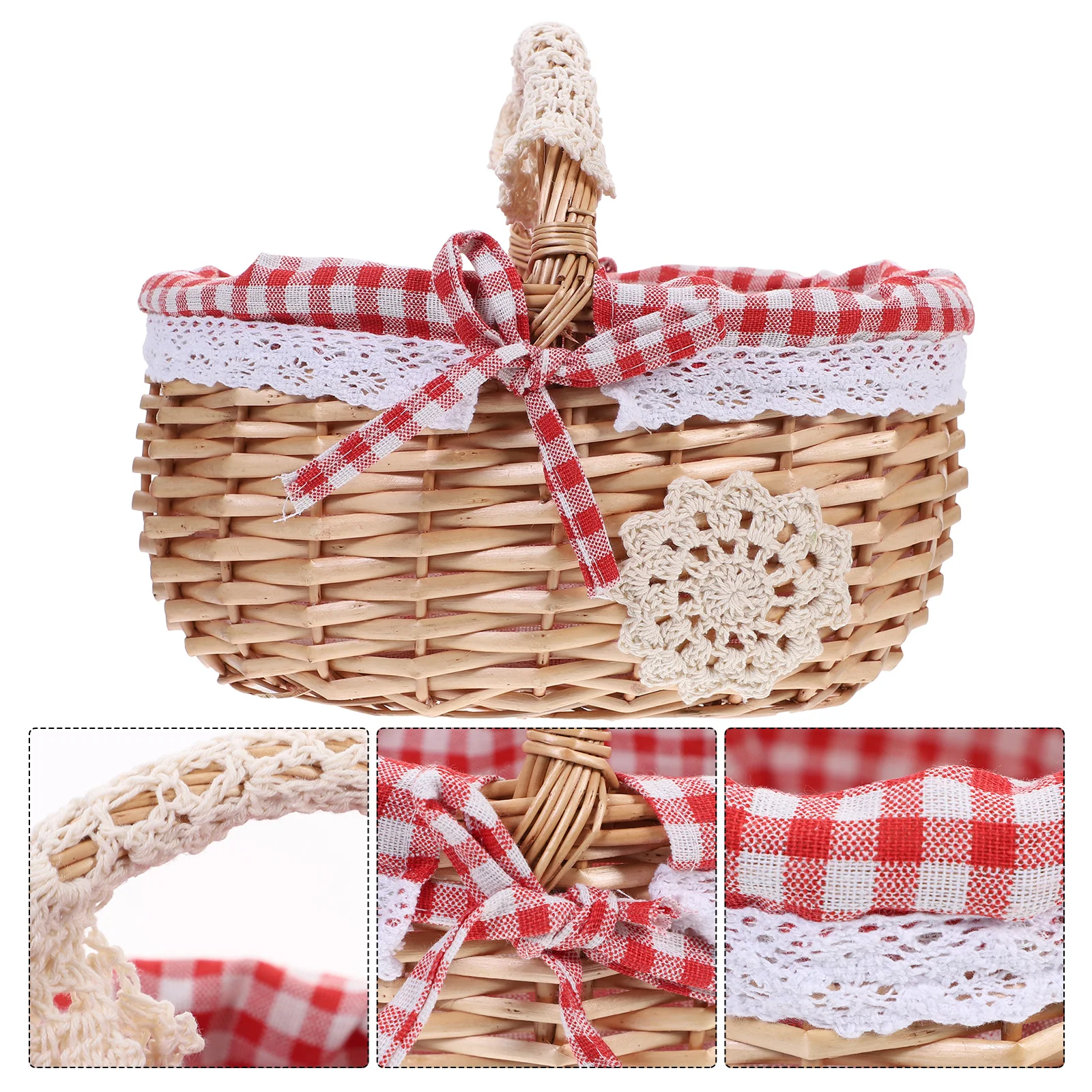 

English title: Picnic Basket Wicker Handle Gingham Liners Fruits Vegetable Egg Storage Gift Packing Gardening Camping Wedding