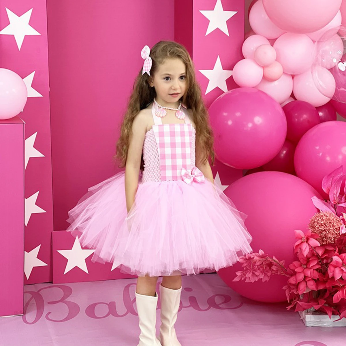 Toddler Little Girls Pink Plaid Tulle Cosplay Costume Girls Birthday Party Dress Little Fancy Halloween Dress Up cosplay costume