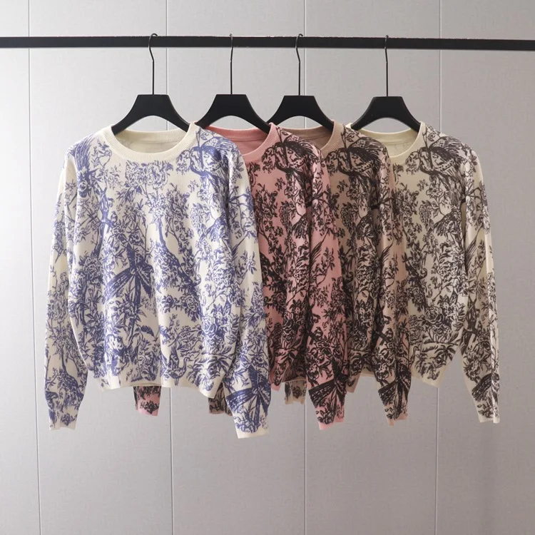 

2023 Autumn Winter New Heavy Industry Full Body Printing Women Round Neck Pullover Knitwear Versatile Female Underlay Sweater