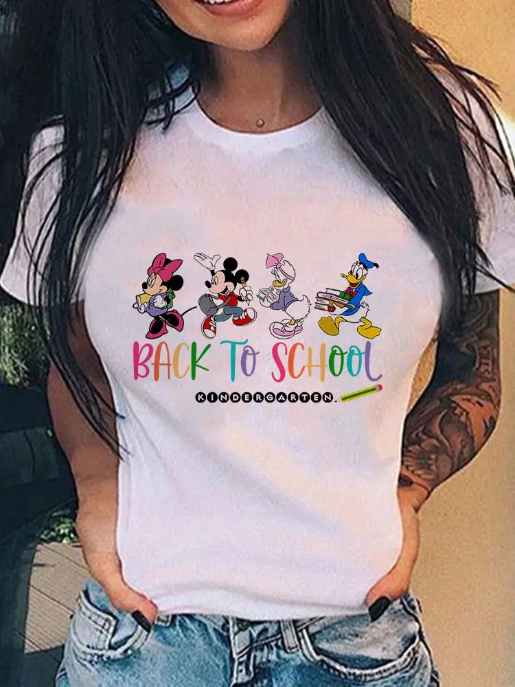 

Disney Fashion T-Shirt For Women 2022 Mickey And Minnie Back To School Cartoon Print Lady Top Summer Casual Wild Female Clothing