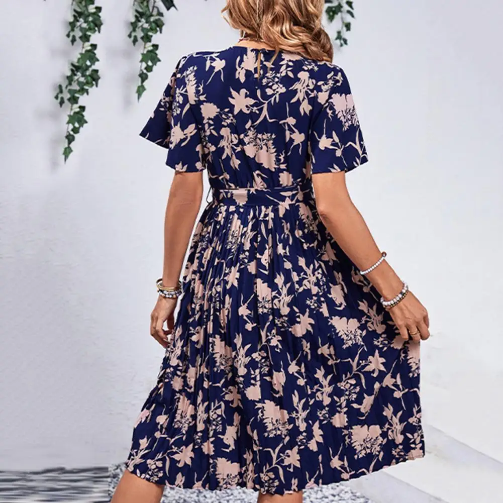 

Knee Length Dress Floral Print A-line Midi Dress with Lace-up Detail High Waist for Women Summer Round Neck Contrast Color Short