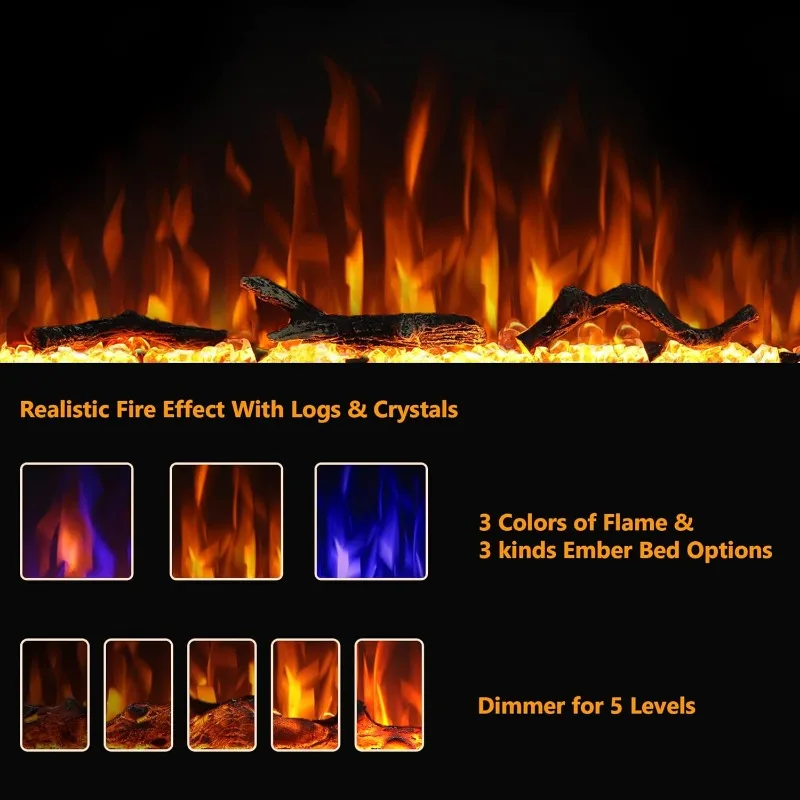 Electric Fireplace 60inches,Wall-Mounted Recessed Fireplace Inserts,Multicolor Flame w/5 Dimmer,Remote Control Thermostat,Timer