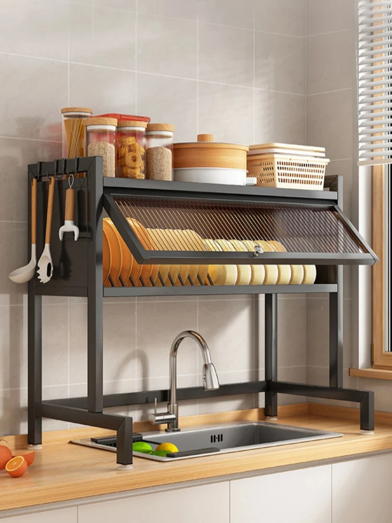 Kitchen sink shelf Dish drain rack with cabinet door Storage Adjustable  dustproof bowl and plate kitchen