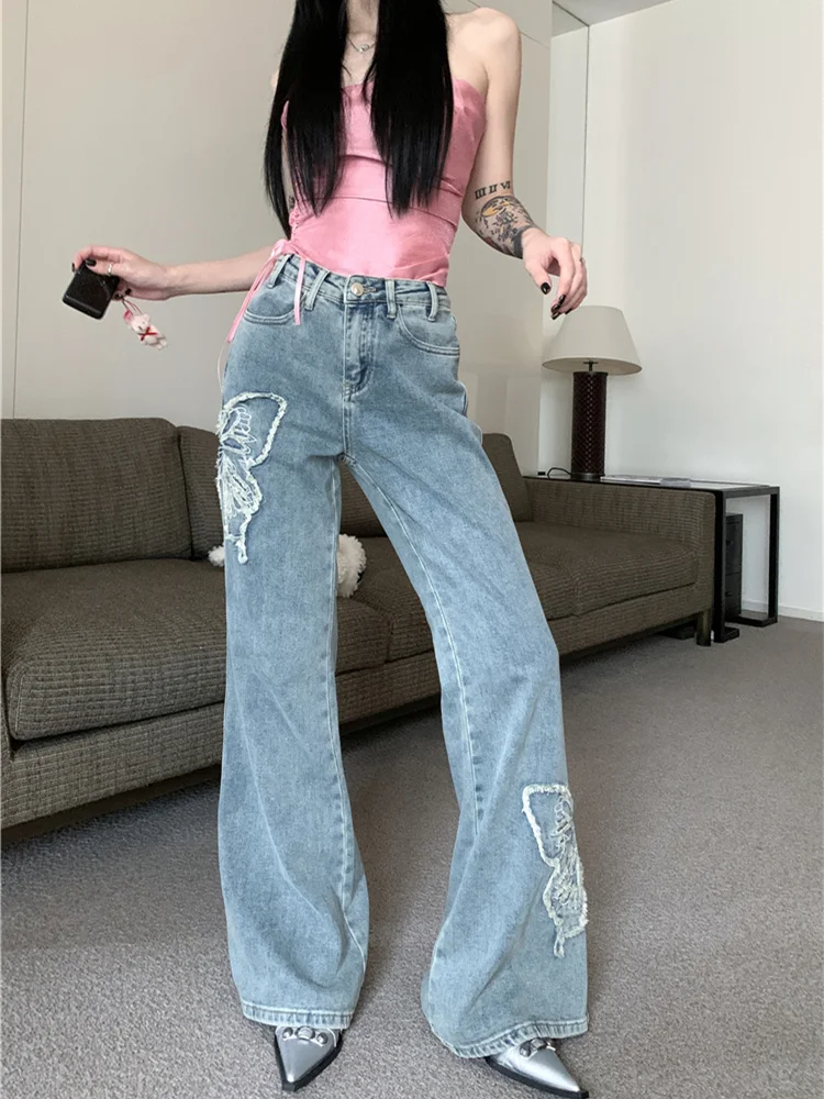 QWEEK Y2K Fairycore Grunge Blue Jeans Women Korean Fashion Egirl Denim Flare Pants Female 90s Vintage Retro Oversized Trousers qweek american retro distressed baggy jeans women y2k vintage 90s streetwear high waist denim pants female wide leg trousers