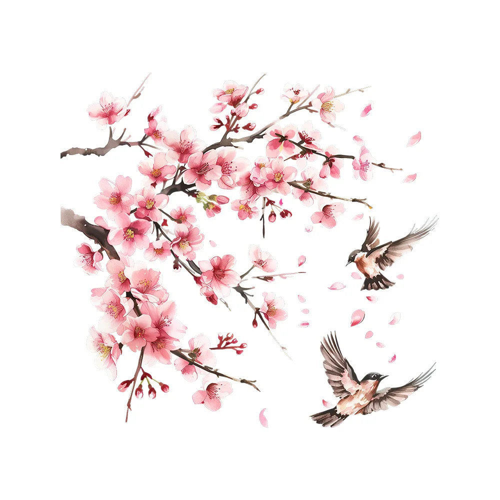 Pink Peach Blossom Bird Branch Water Painting Background Wall Stickers Window Self-adhesive Decal for Living Room