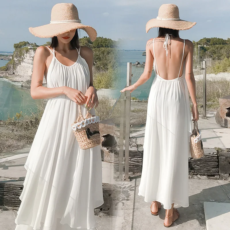

2024 Summer Women New Red Ruffles Vacation A-Line Pleated Slip Long Dress V Neck Backless Elegant New Lady Loose Beach Sundress