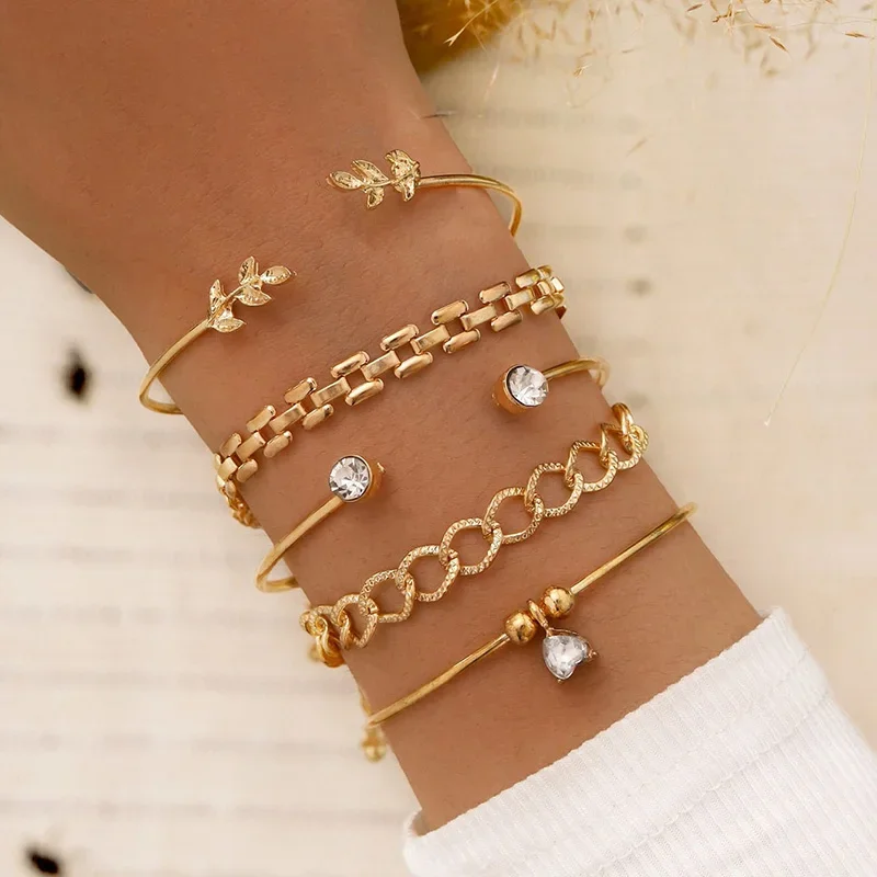 

+Trendy Geometric Link Chain Bracelet Set For Women Rhinestones Gold Color Leaves Heart Pendant Open Cuff Bangle Girls Jewelry