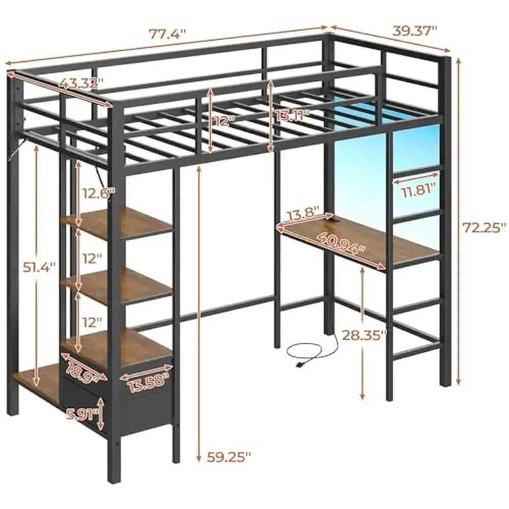 Twin Loft Bed Desk LED Lights Charging Station Storage Shelves Drawers Metal Frame Guardrails Safety Bed