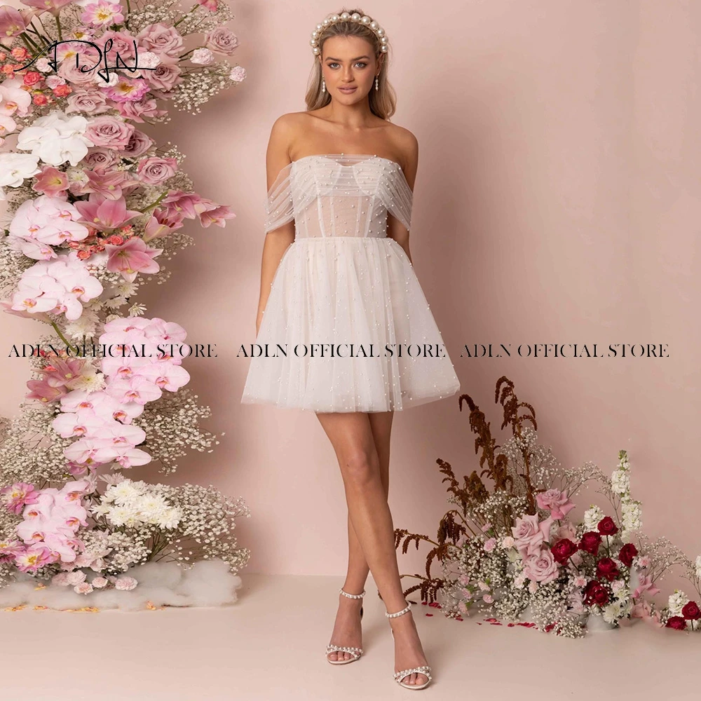 ADLN Short Tulle Pearls Wedding Dresses  Ivory Off-shoulder A Line  Party Gowns 2023 For Women Mini Reception Dress 5