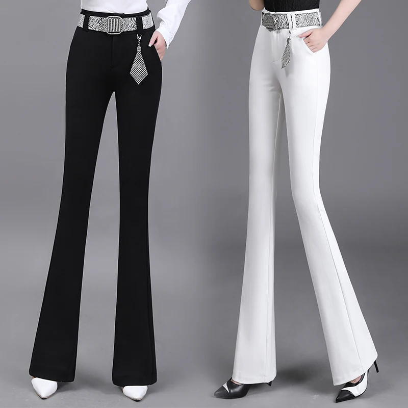 

Large Size White Flare Pants Women 2023 New Spring Summer Office Lady Korean Style Slim Solid Elastic High Waist Trousers Black