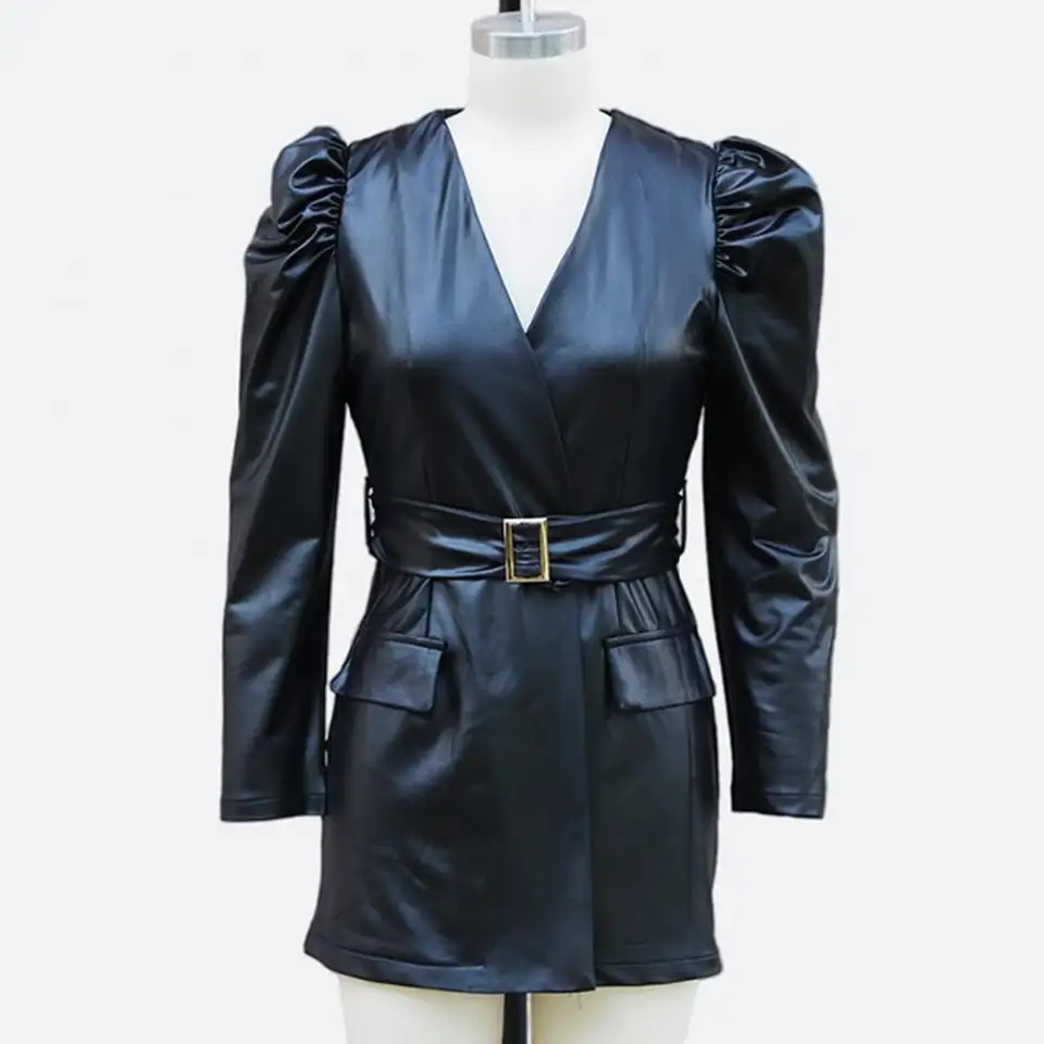Summer Women Dress Smooth Faux Leather V Neck Long Bubble Sleeves Belted  Waist Lady Dress Slim Fit Solid Color Mini Dress - AliExpress 200000345